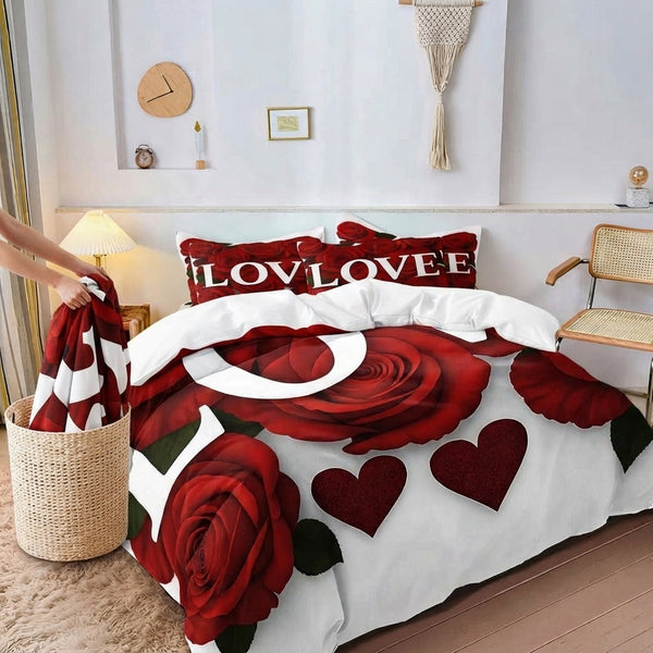 A person pulling a smooth, wrinkle-free floral duvet cover from a laundry basket in a blush-toned room.