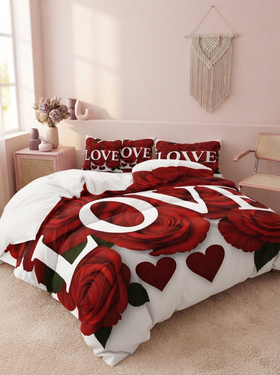 A neatly made bed with vibrant floral print bedding in a sunlit bedroom with blush pink and mauve decor.