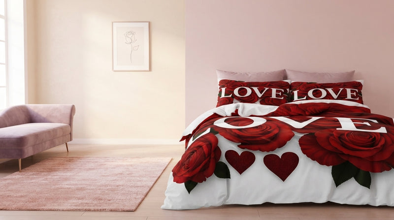 A cozy, sunlit bedroom featuring a bed with elegant floral rose-patterned bedding set against a soft blush pink wall.