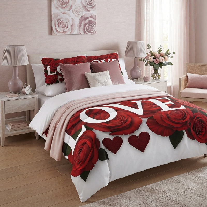 A luxuriously made bed with a Romantic Rose floral bedding set in a serene, blush-toned bedroom sanctuary.