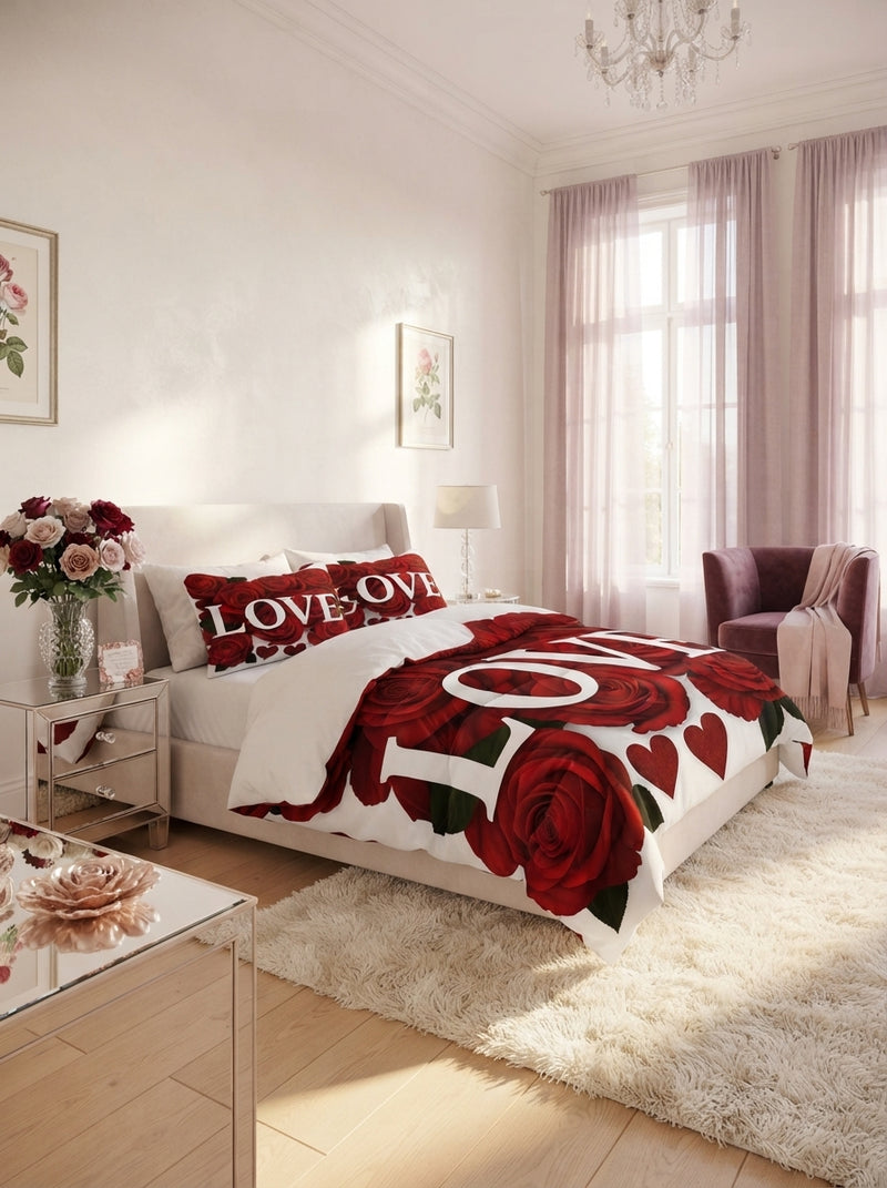 A cozy, luxurious bedroom featuring a Romantic Rose bedding set with floral prints, styled with soft blush and mauve decor.